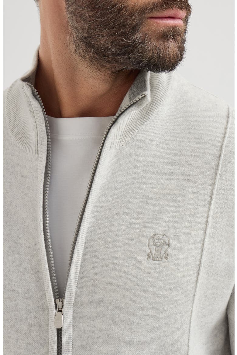 Cashmere double knit cardigan with zipper and logo, Alternate, color, Light Grey