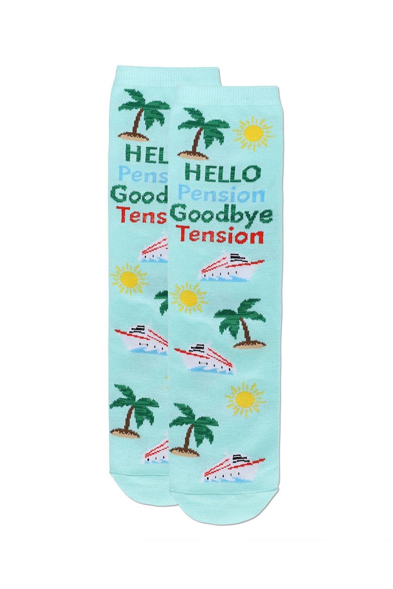 Big Kid's Goodbye Tension Hello Pension Greeting Card Crew Socks, Alternate, color, Aqua Splash