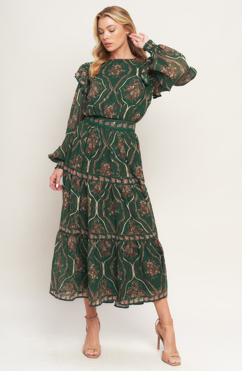 FLYING TOMATO Floral Long Sleeve Tiered Maxi Dress, Alternate, color, Green
