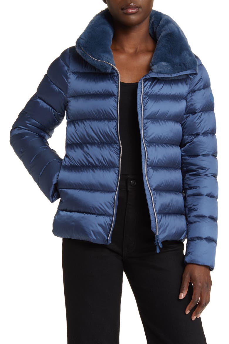 Mei Faux Fur Collar Puffer Jacket, Main, color, NAVY BLUE