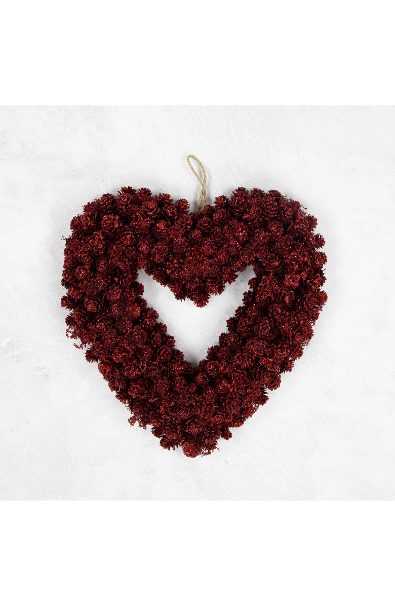 Northlight Pine Cone Rose Valentine's Day Wooden Heart Wreath - 14" - Red, Alternate, color, Red