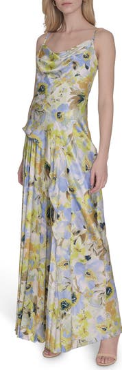 Floral Cowl Neck Satin Gown