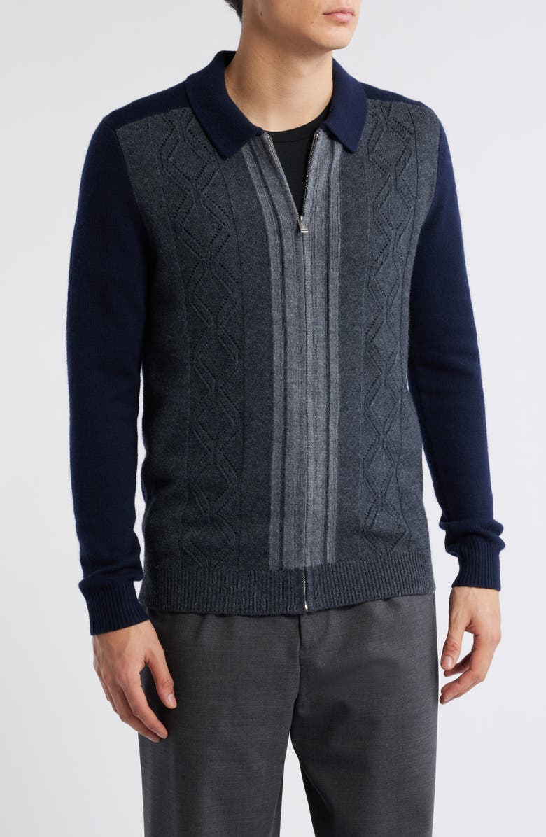 Reiss Tennant Stripe Colorblock Zip Front Wool Cable Stitch Cardigan, Alternate, color,