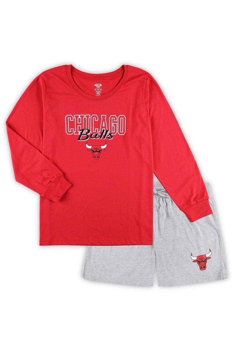Women's Concepts Sport Red/Heather Gray Chicago Bulls Plus Size Long Sleeve T-Shirt and Shorts Sleep Set, Main, color, Red