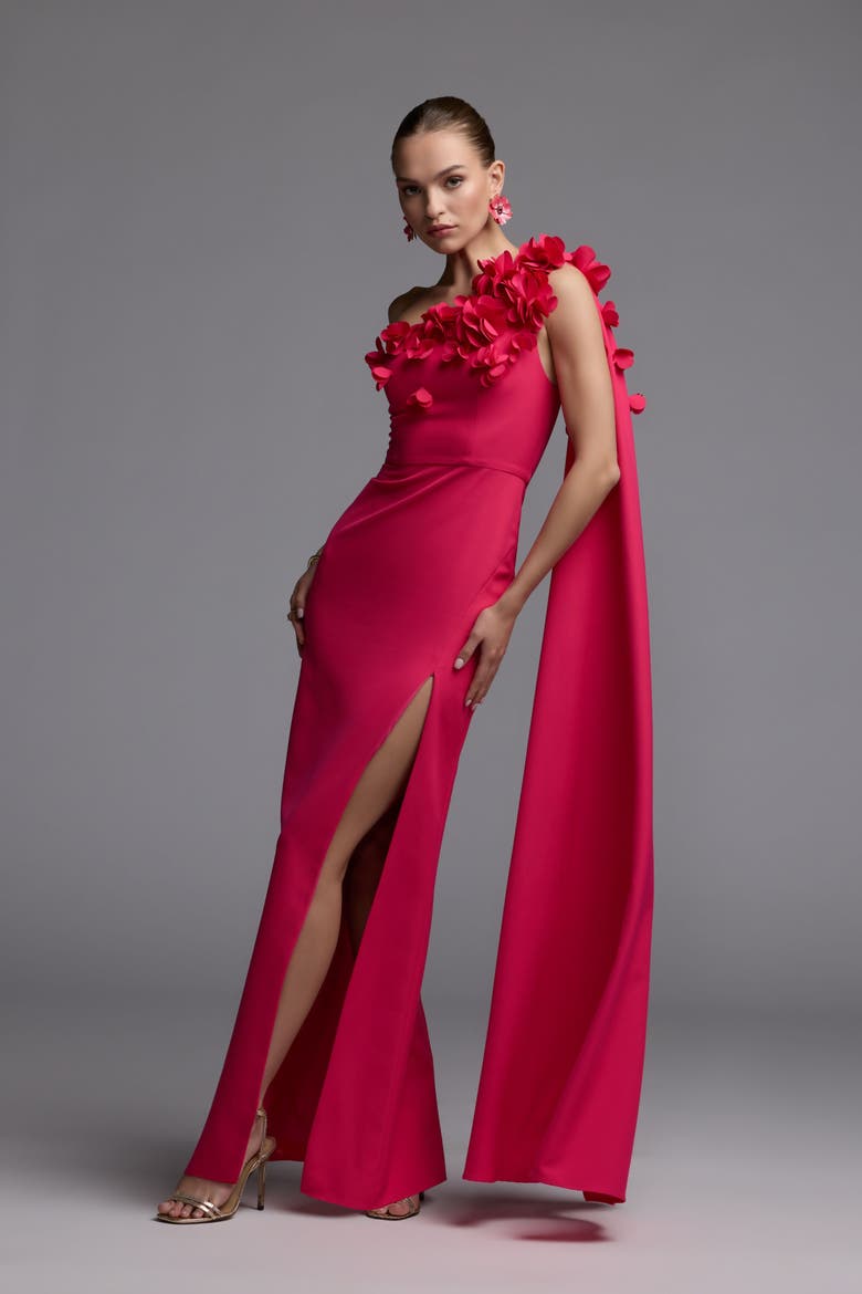 Crepe One Shoulder Column Gown With Flowers, Alternate, color, Hot Pink