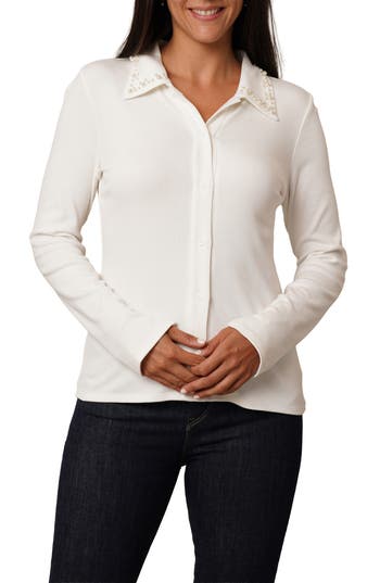 Cyrus Faux Pearl Collar Button-up Shirt In White