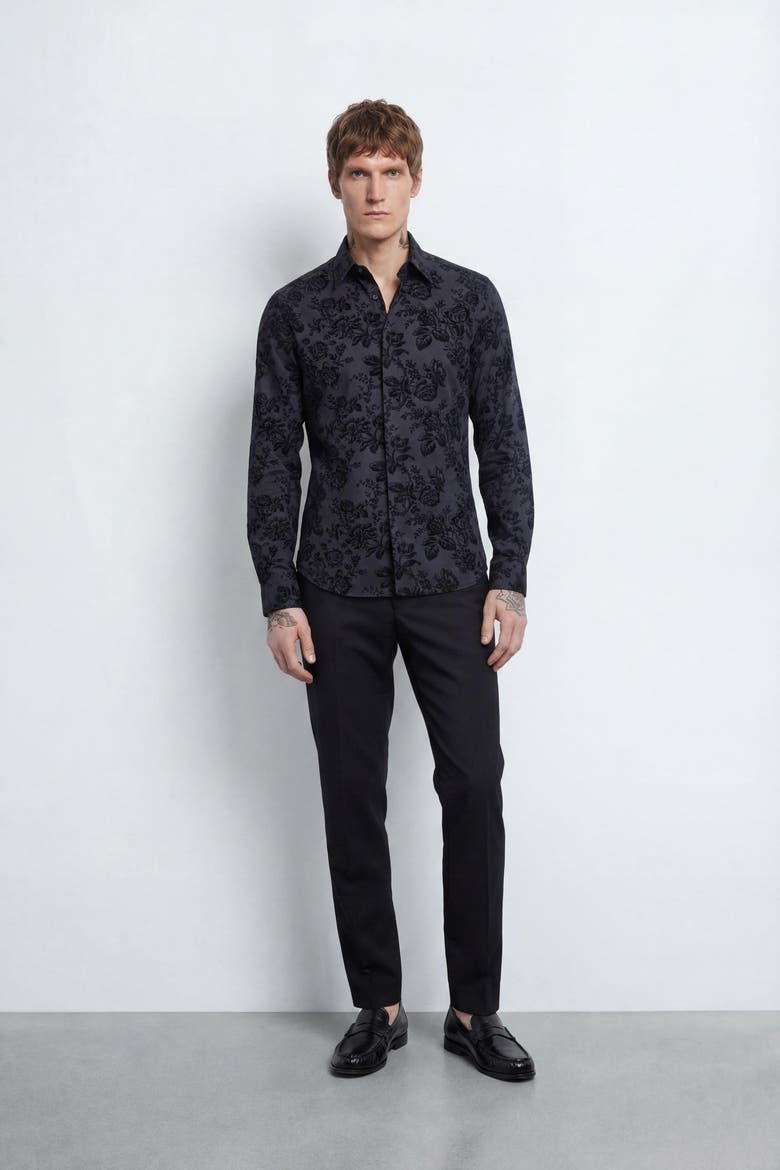 Armada Slim Fit Floral Flocked Shirt, Alternate, color, Black