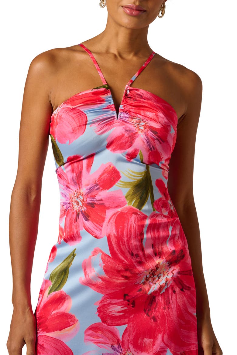 Floral Satin Crepe Halter Maxi Dress, Alternate, color, BLUE/ PINK MULTI