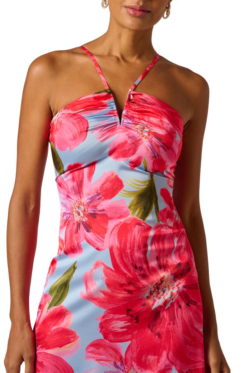 Adrianna Papell Floral Satin Crepe Halter Maxi Dress, Alternate, color, Blue/ Pink Multi