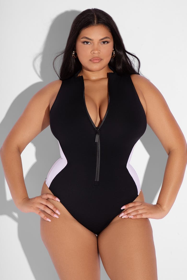 Mega Sculpting Adjustable Zip Front One Piece Swimsuit, Alternate, color, Contour Black/White