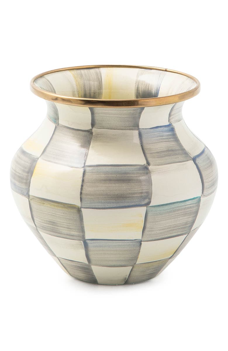 MACKENZIE CHILDS Sterling Check Enameled Steel Vase, Main, color, Grey/ White