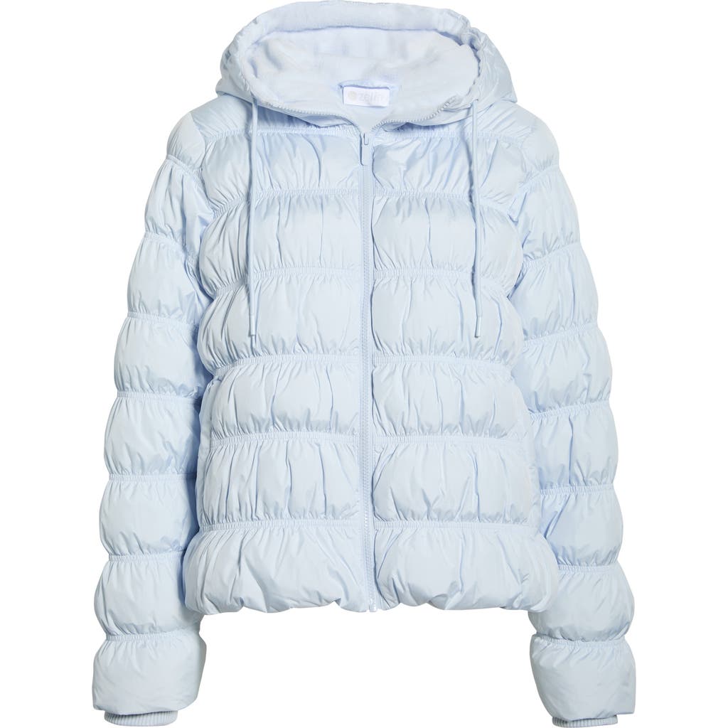 Zella Shirred Channel Quilted Water Repellent Hooded Jacket In Blue