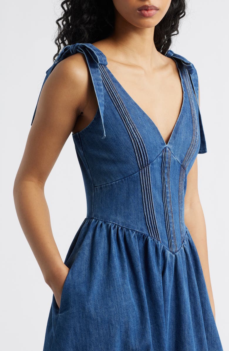 FREEMARKET Plunge Neck Tie Shoulder Denim Midi Dress, Alternate, color, 