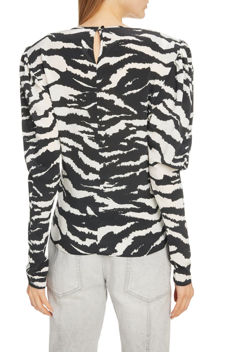 Isabel Marant Zebra Print Puff Sleeve Stretch Silk Blouse, Alternate, color, 