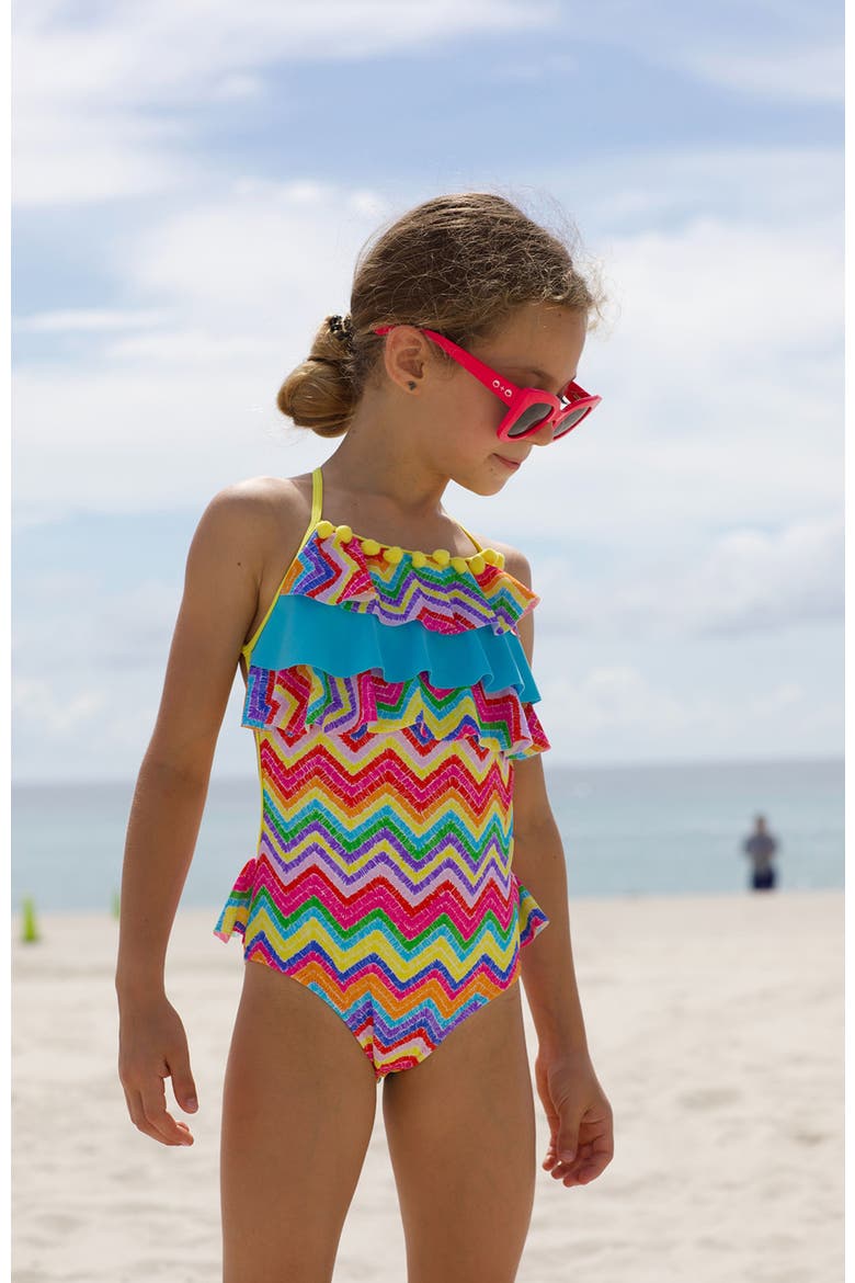 Rainbow Zig-Zag Triple Ruffles and Pom-Pom Trim One-Piece Swimsuit, Alternate, color, Multicolor