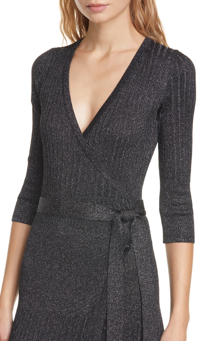 DVF Bobbi Metallic Detail Ribbed Wool Blend Midi Wrap Dress, Alternate, color,