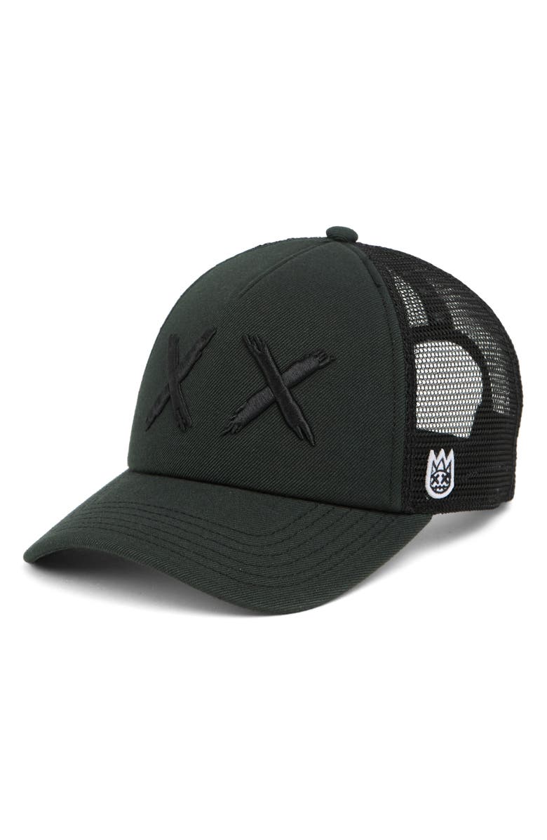 Cult of Individuality Embroidered Mesh Back Trucker Cap, Main, color, Black