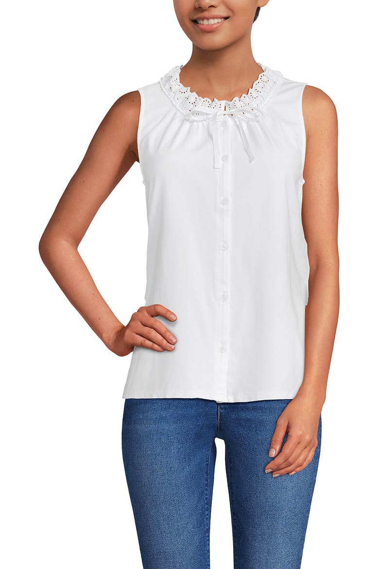 Lightweight Jersey Button Front Lace Trim Tank, Main, color, White