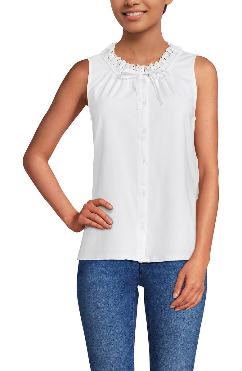 Lands' End Lightweight Jersey Button Front Lace Trim Tank, Main, color, White