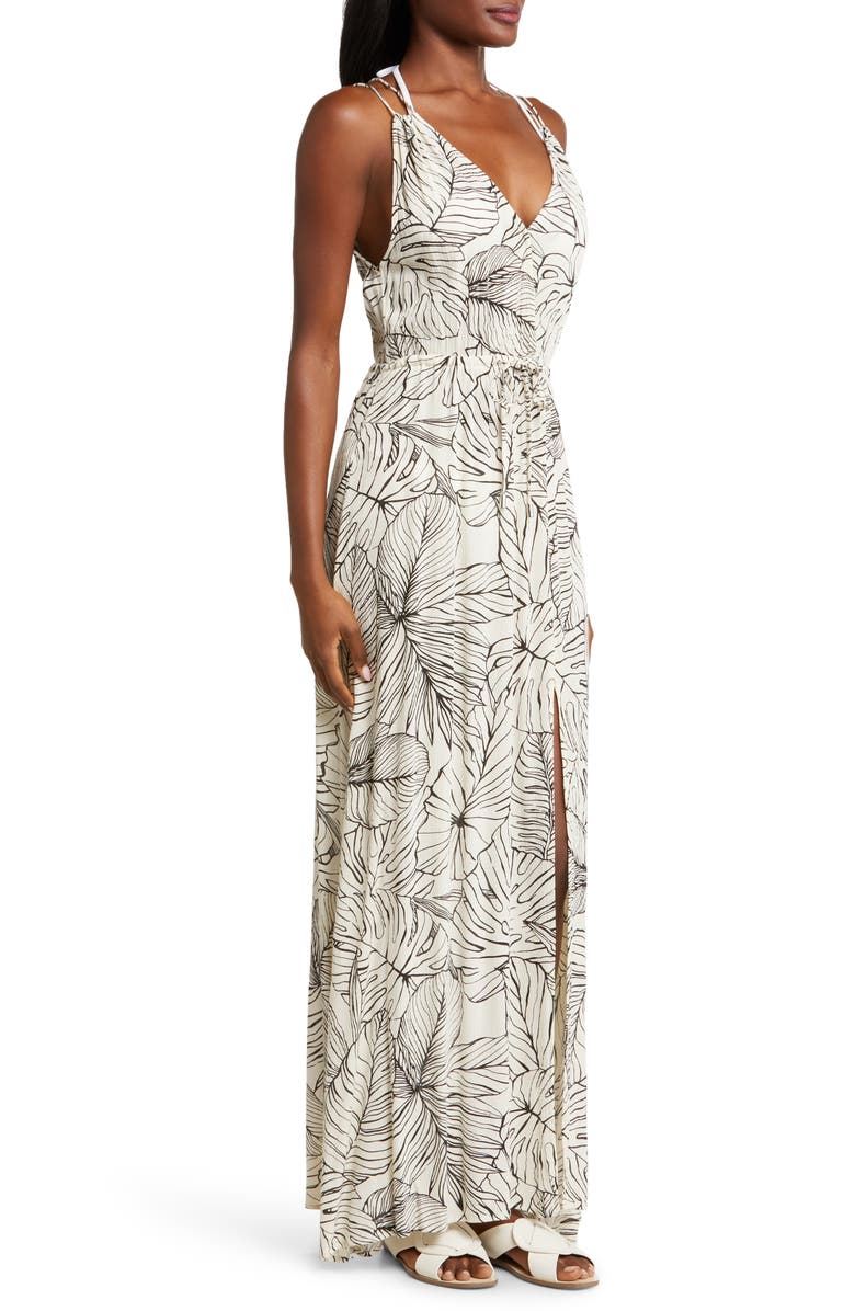 Elan Crinkle Gauze Cover-Up Maxi Dress, Alternate, color, Nat/Black Tropics