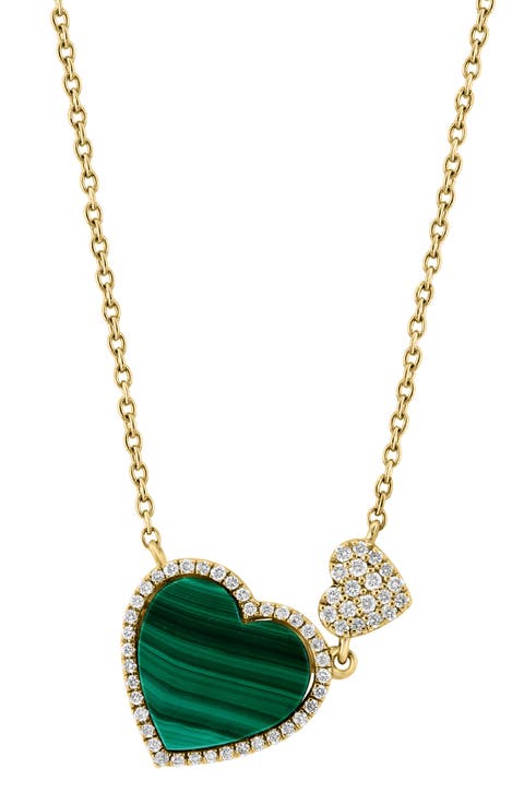14K Yellow Gold Malachite & Diamond Double Heart Necklace