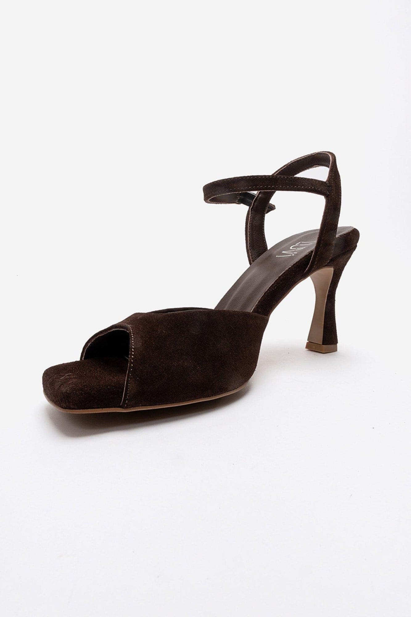 Elvia Leather Stiletto Ankle Strap Sandal, Alternate, color, Brown Suede