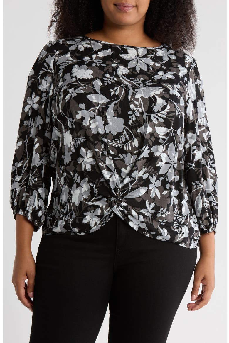 Floral Long Sleeve Twist Front Top, Main, color, BLACK