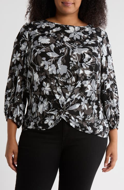 Floral Long Sleeve Twist Front Top (Plus)