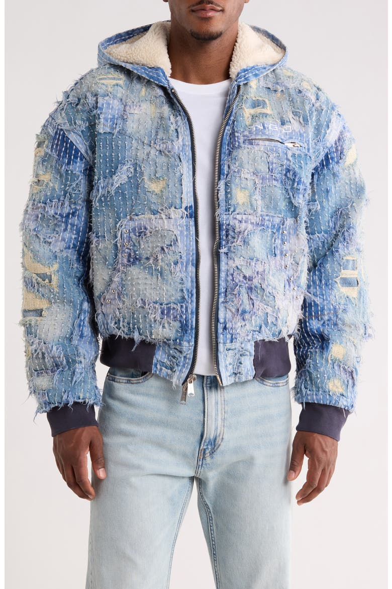 Boro Distressed Hooded Denim Jacket, Main, color, BLUE WASH