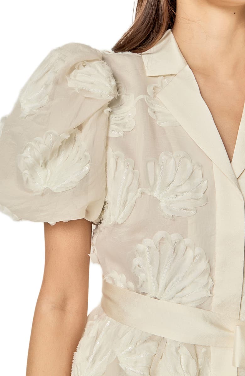 English Factory Shell Puff Sleeve Tie Waist Minidress, Alternate, color, Off White