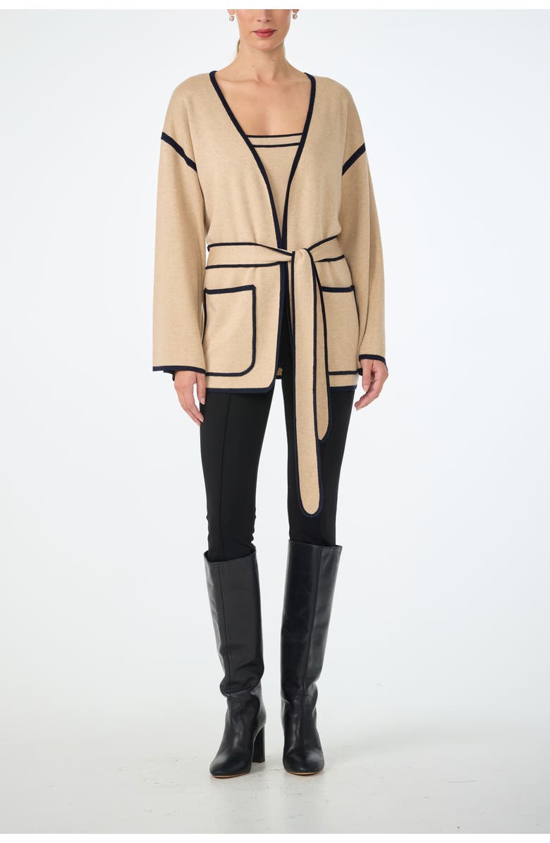 Trina Turk Wright Belted Flare Sleeve Cardigan, Alternate, color, Camel/Indigo