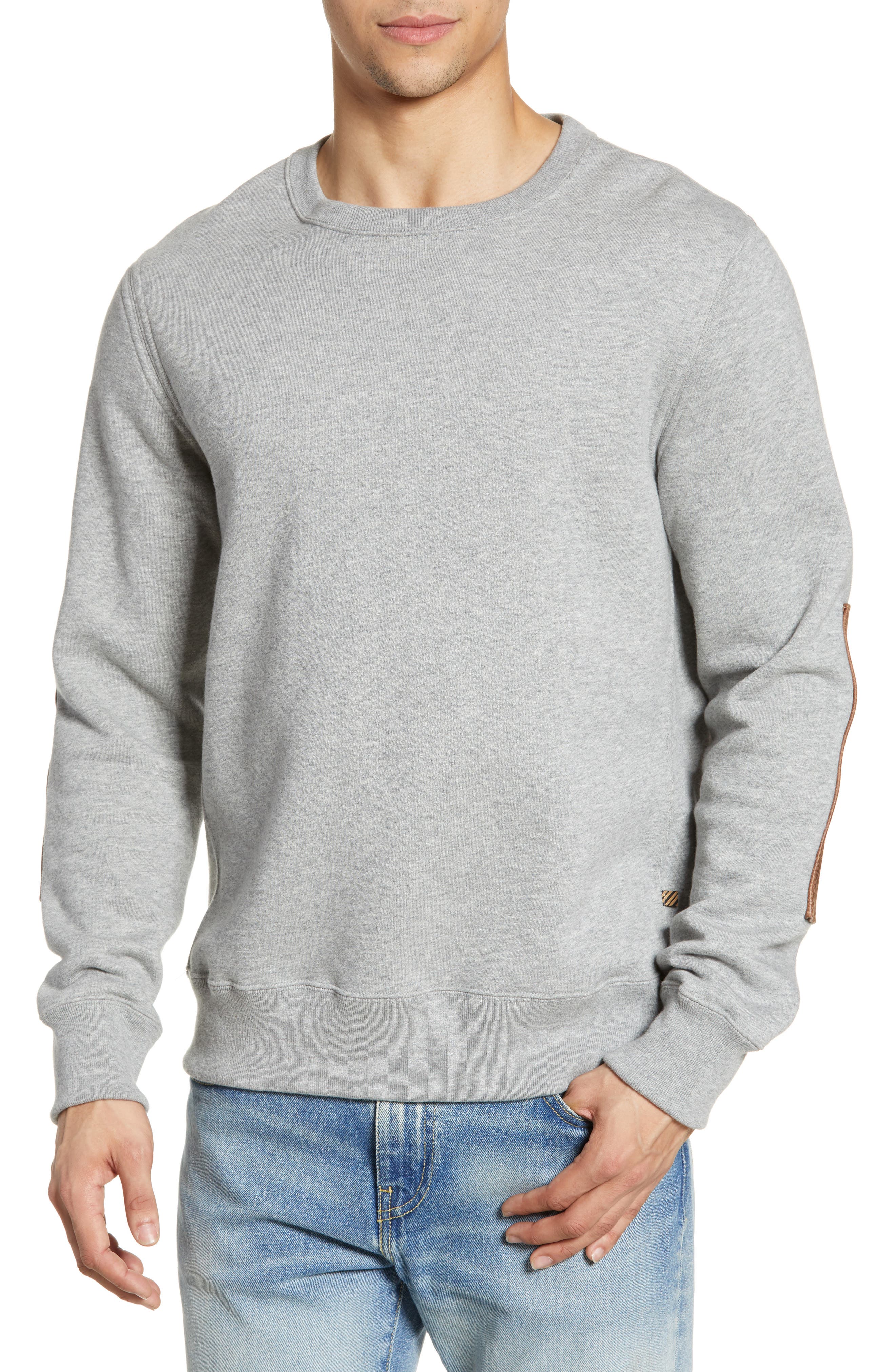 Billy Reid Dover Crewneck Sweatshirt with Leather Elbow Patches in Grey 