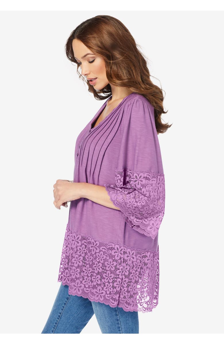 Roaman's Lace-Hem Pintuck Tunic, Alternate, color, Sandy Beige