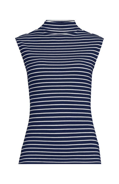 Lands' End Cap Sleeve Drapey Rib Fitted Funnel Neck Tank In Deep Sea Navy/ivory Stripe