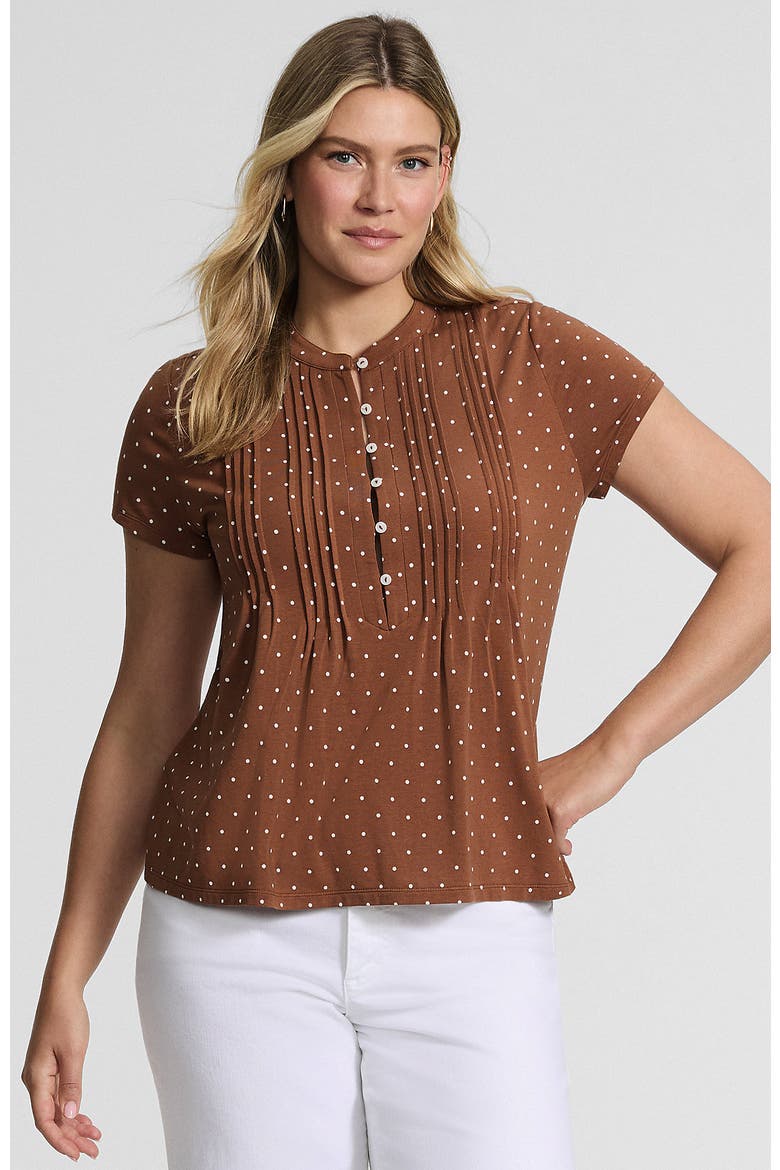 Short Sleeve Lightweight Jersey Button Pintuck Top, Main, color, Rich Ginger/Ivory Mini Dot