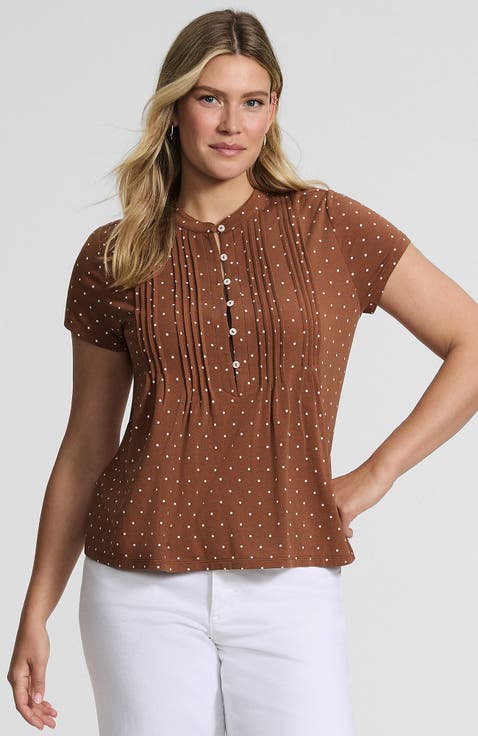 Short Sleeve Lightweight Jersey Button Pintuck Top