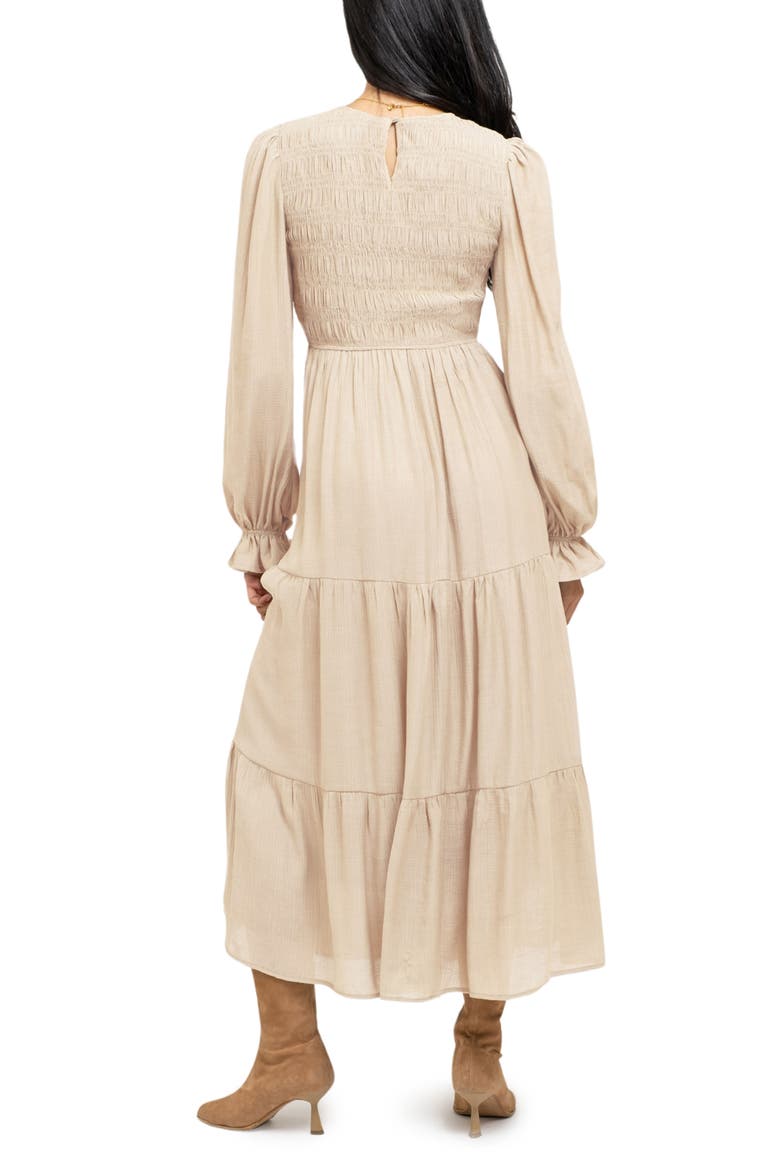 Smocked Long Sleeve Tiered Dress, Alternate, color, CHAMPAGNE