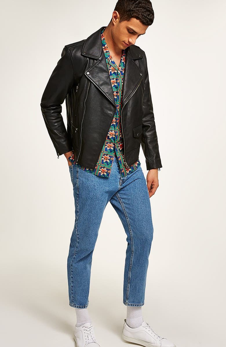 Topman Classic Fit Leather Biker Jacket, Alternate, color, 