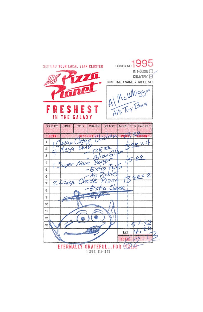 Toy Story Men's Toy Story Distressed Pizza Order  Graphic T-Shirt, Alternate, color, White