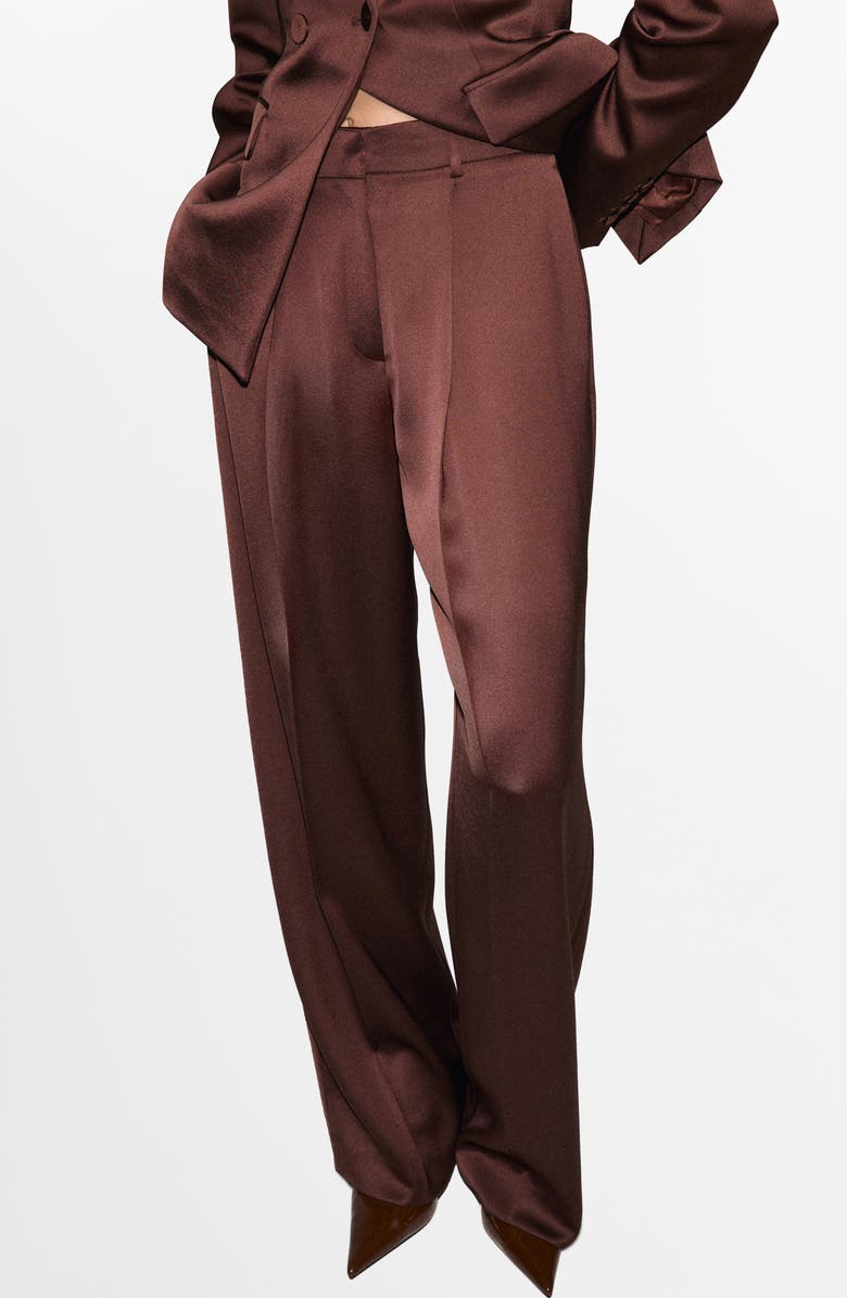 MANGO Pleated Satin Pants, Main, color, Brown