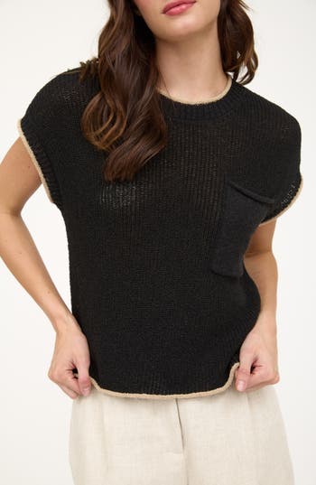 Blu Pepper Contrast Edge Cap Sleeve Sweater In Black