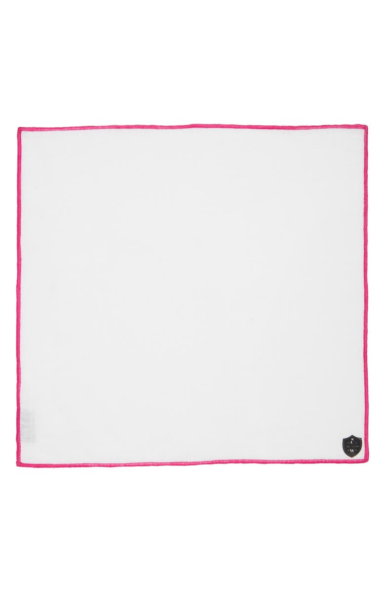 CLIFTON WILSON White Linen Pocket Square with Fuchsia Trim, Alternate, color, Fuchsia