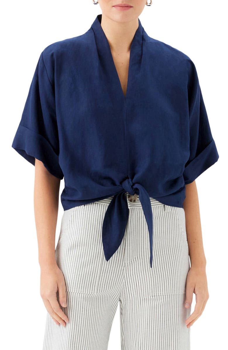 FIFTEEN TWENTY Janice Cuffed Tie Hem Linen Blend Top, Main, color, Navy