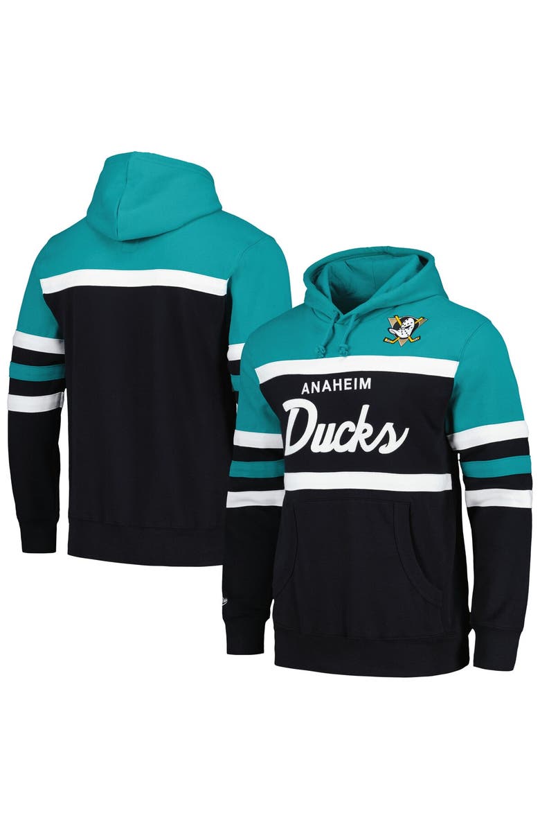Mitchell & Ness Men's Mitchell & Ness Black/Teal Anaheim Ducks Head Coach Pullover Hoodie, Main, color, 