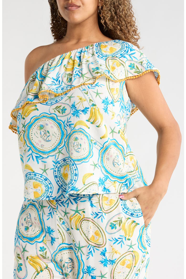 Harvest Island Brinley Ruffle One-Shoulder Top, Alternate, color, WHITE/ BLUE/ YELLOW