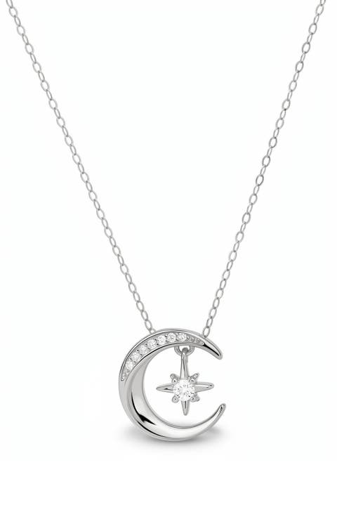 Sterling Silver Cubic Zirconia Moon & Star Pendant Necklace