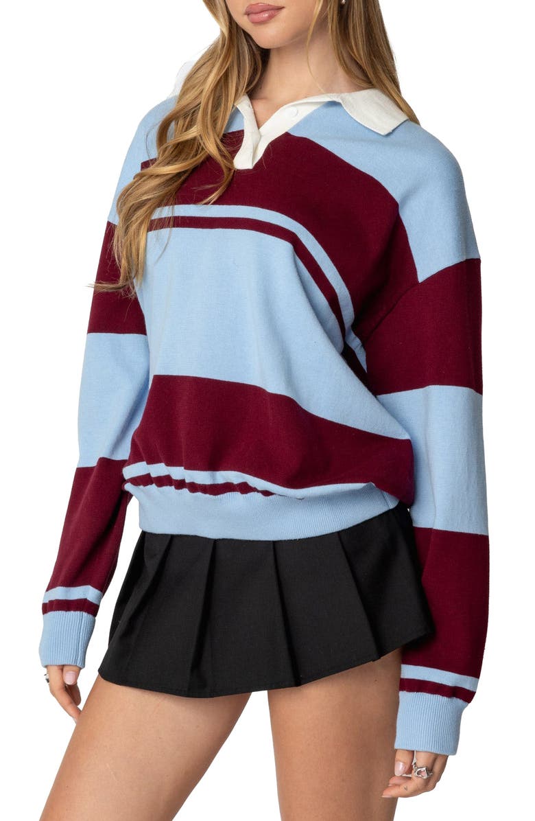 EDIKTED Kian Stripe Cotton Rugby Sweater, Alternate, color, Blue/ Burgundy Mix