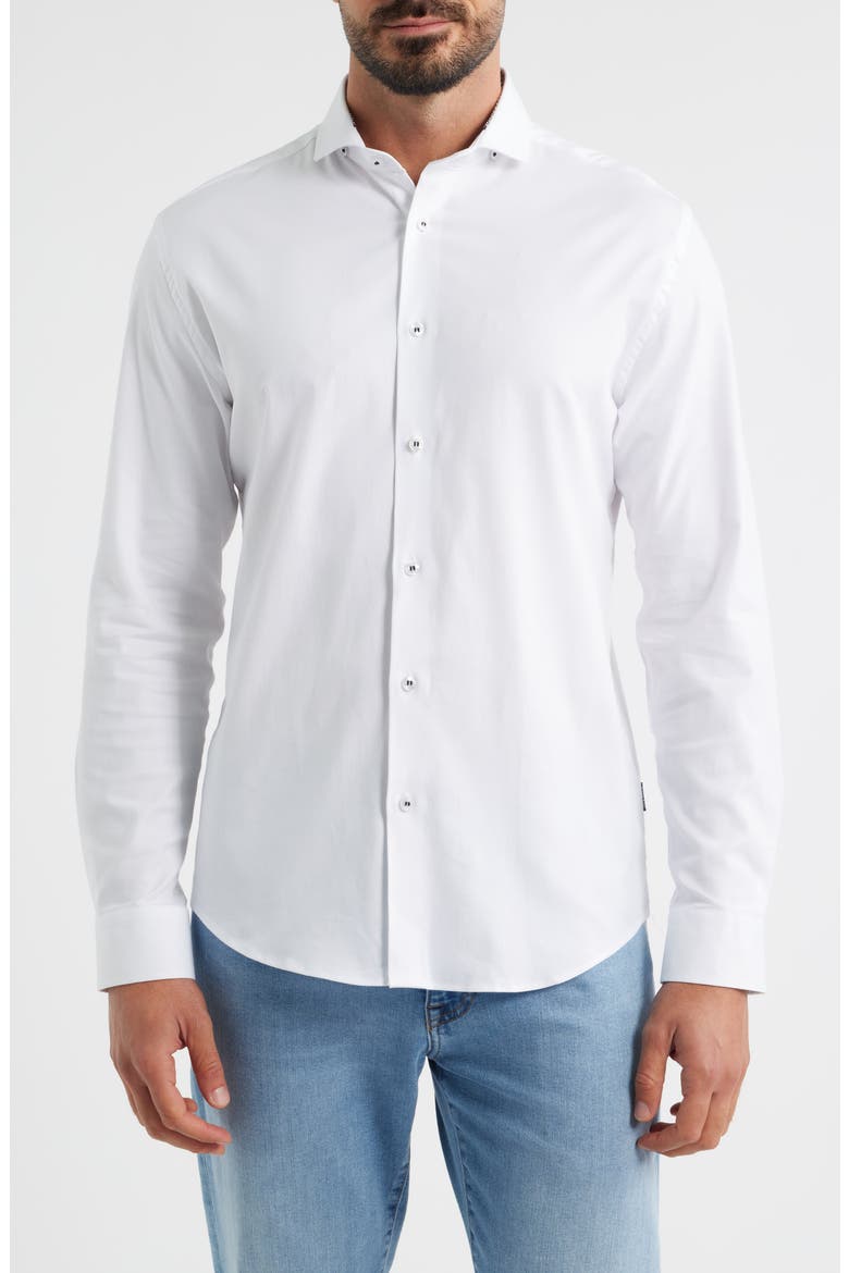 Nova Legacy Solid White Stretch Cotton Blend Button-Up Shirt, Main, color, WHITE