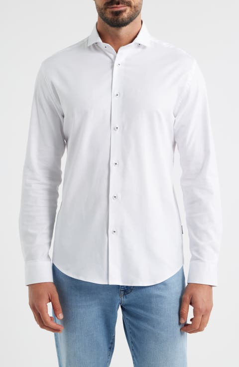 Nova Legacy Solid White Stretch Cotton Blend Button-Up Shirt