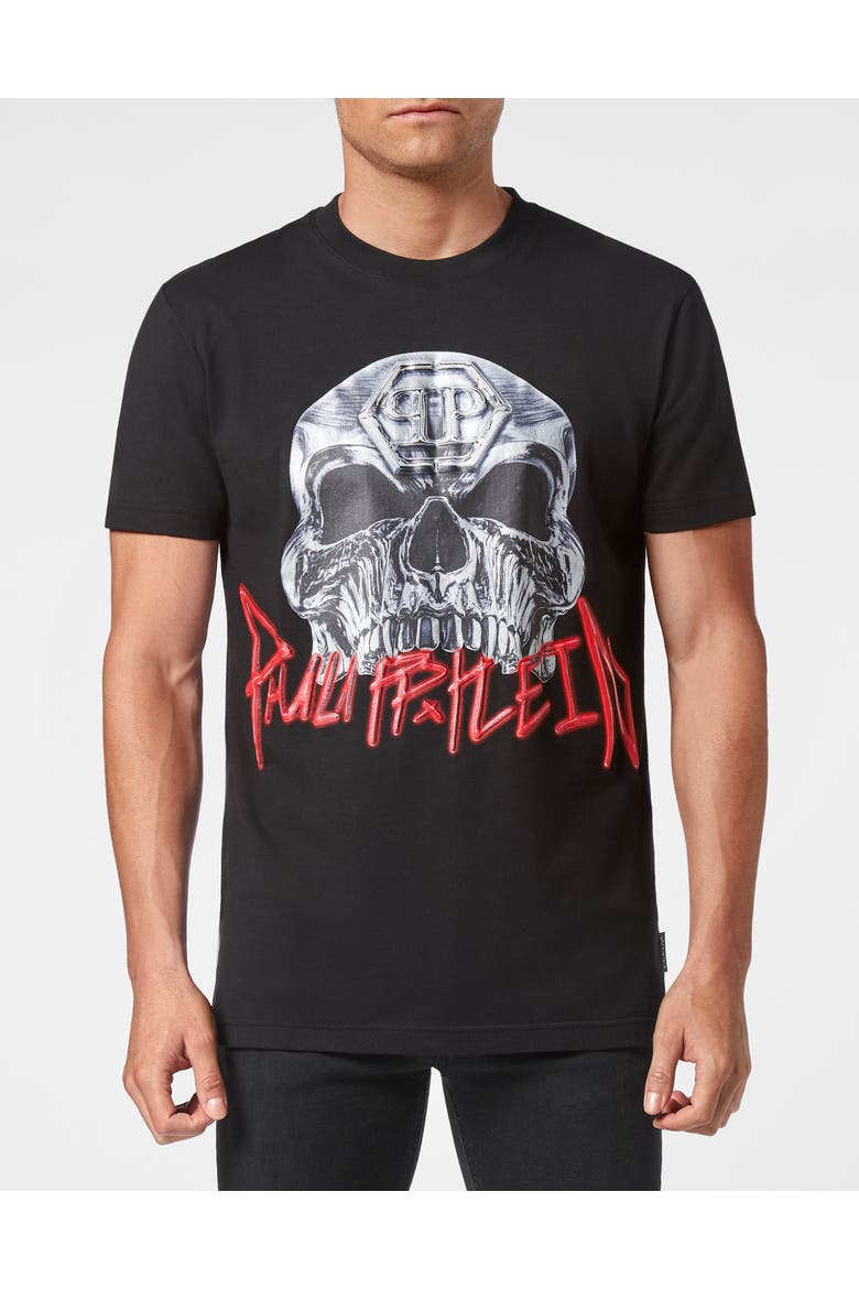 T-Shirt Round Neck Skull Men, Main, color, black